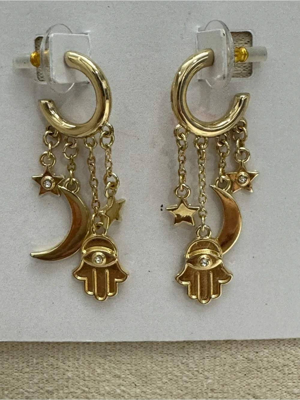 BaubleBar Gold Hamsa Moon & Star Dangle Earrings New in Card.